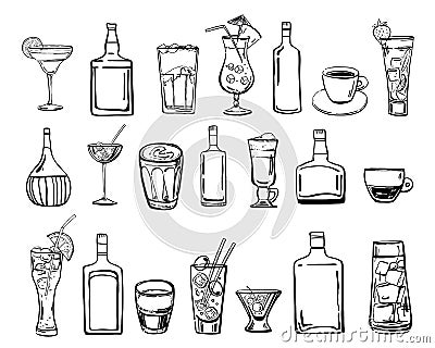 Vector outline hand drawn sketch illustration with set of cocktails, coffee drinks and alcohol bottles Vector Illustration